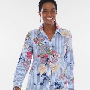 Chico's Button Down Top NWT Womens 14P Floral Stripes Coastal Relaxed Fit Artsy